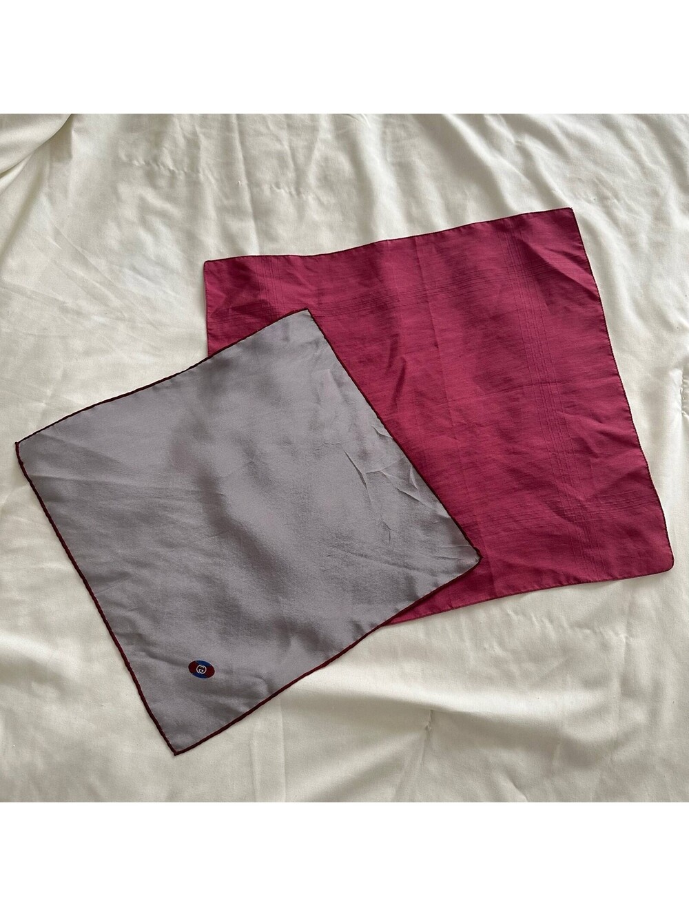 Vintage Lot of 2 Gucci Grey & Made in Italy Burgundy 100% Silk Pocket Squares